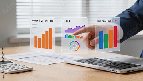 Hand interacting with virtual data charts and graphs on laptop screen, quarterly sales report and regional statistics analysis for marketing strategy