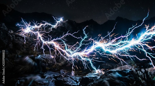 Electric Lightning Arcs Over Rocky Mountain Landscape at Night With Blue Energy Bolts
