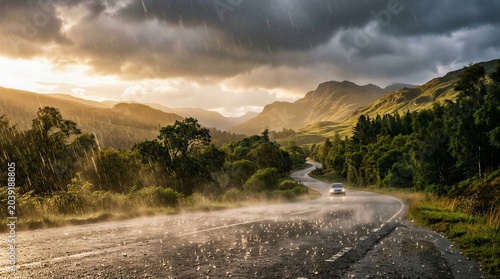 Car Driving On Wet Winding Road Through Mountain Landscape In Dramatic Rain And Light