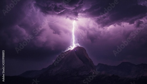 Lightning Strike Over Lone Mountain Peak Under Dramatic Purple Storm Clouds Illuminating Night Landscape