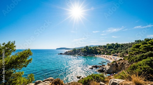 Sunny Mediterranean Cove With Turquoise Sea, Rocky Coastline, Pine Trees and Beach Umbrellas