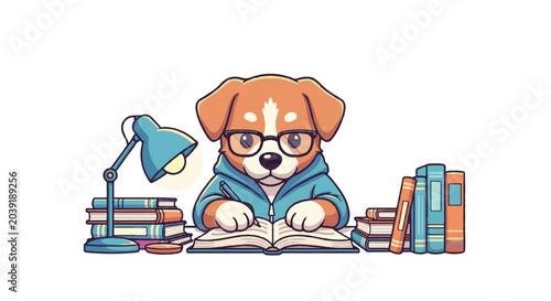 Cute dog wearing glasses reading a book under a lamp.