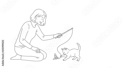 Quadro su tela Line art illustration of a young woman playing with her playful cat using a stri