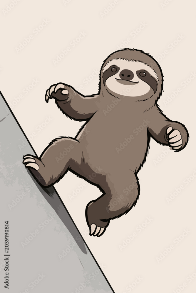 Fototapeta premium Cute Cartoon Sloth Climbing on Gray Wall
