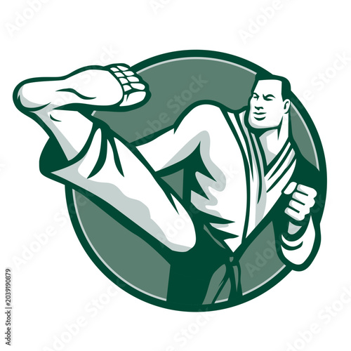 Illustration of a marital arts fighter kicking viewed from front set inside circle shape done in retro mascot style. 