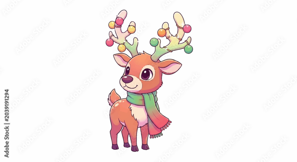 Naklejka premium Cute Cartoon Reindeer Wearing a Scarf with Festive Antlers.
