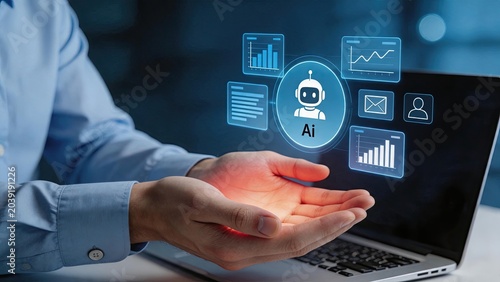 Futuristic AI Technology Interface, Artificial Intelligence Robot Icon with Holographic Data Charts and Analytics in Businessman Hands, Digital Transformation Concept for