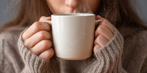 Young Woman Sipping Hot Beverage from White Mug