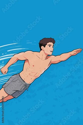 Athletic young man swimming freestyle in blue water