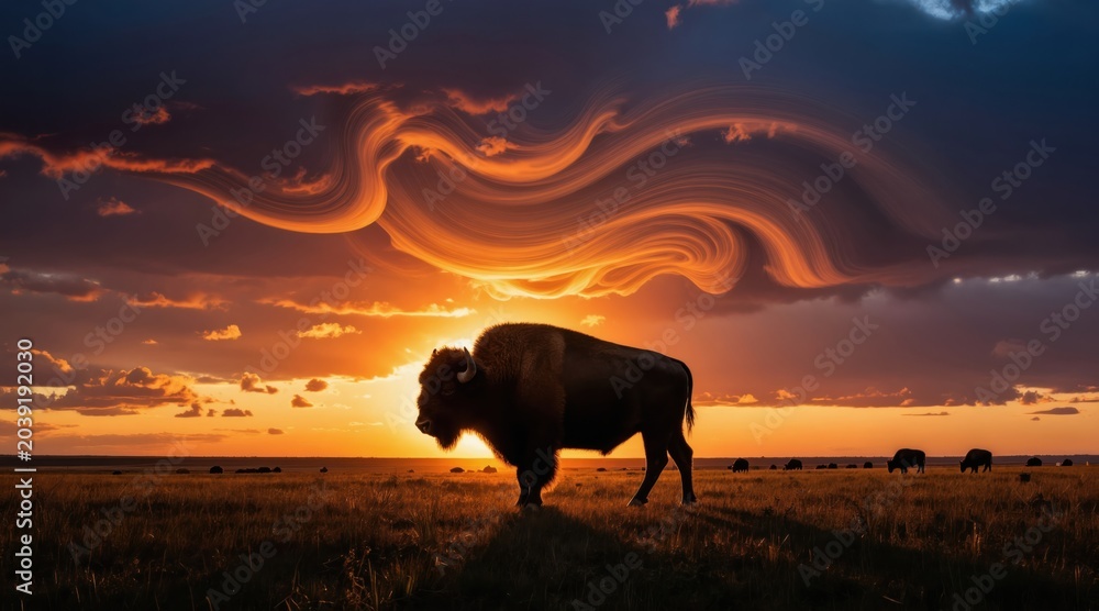 Fototapeta premium Majestic bison stands in grassy field during vibrant sunset with dramatic swirling clouds. Herd grazes peacefully on prairie under orange sky. Wild animal, nature beauty, serene wild west landscape.