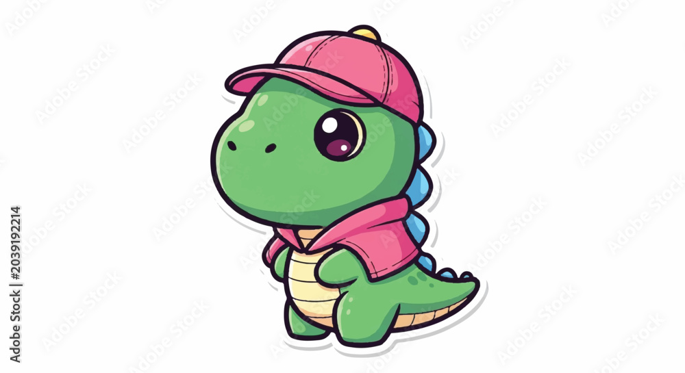 Obraz premium Cute Cartoon Dinosaur Wearing a Pink Cap and Hoodie.