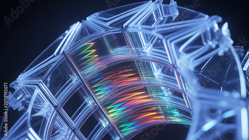 Futuristic 3D Glass Geometric Abstract with Rainbow Light Refraction