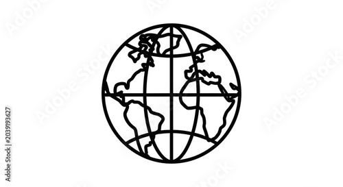Foto Black outline of a stylized globe with continents and meridians on white backgro
