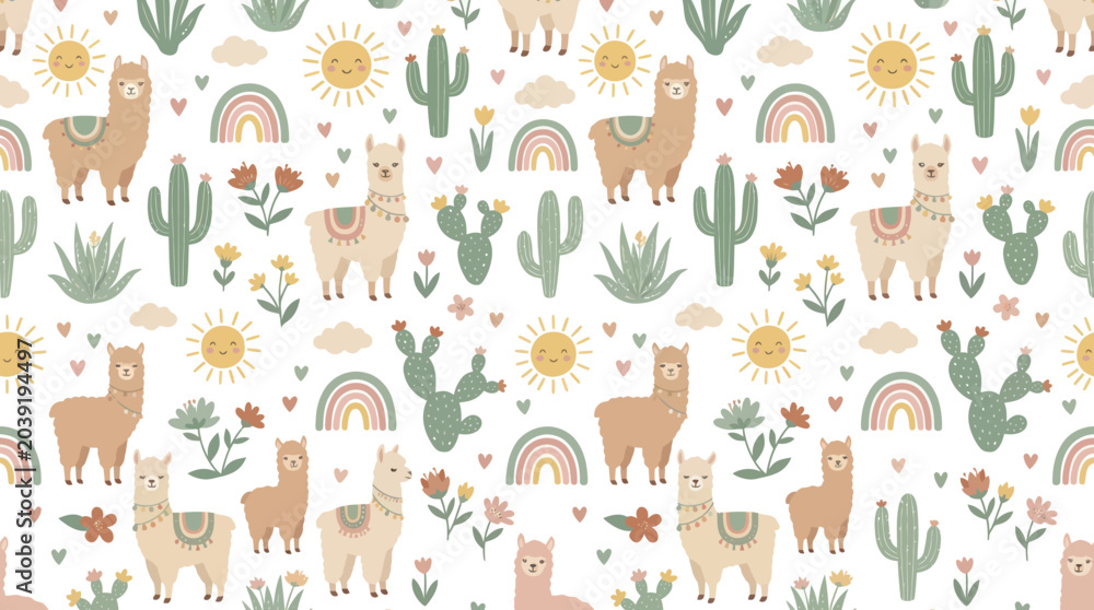 Naklejka premium Cute Llama and Cactus Seamless Pattern, Flat Style, Kids Design, Vector Illustration