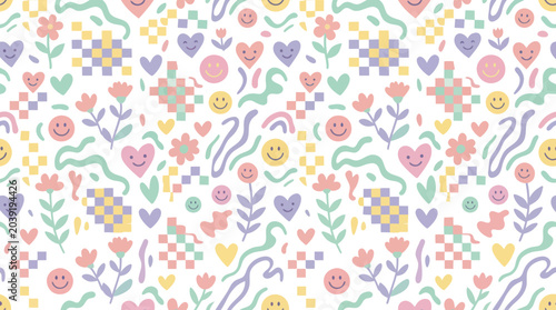 Playful Pastel Flat Vector Seamless Pattern with Smiley Faces, Hearts, Flowers for General Design  Youth Lifestyle