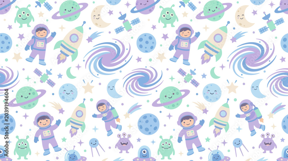 Naklejka premium Cute Astronauts and Rockets Seamless Space Pattern