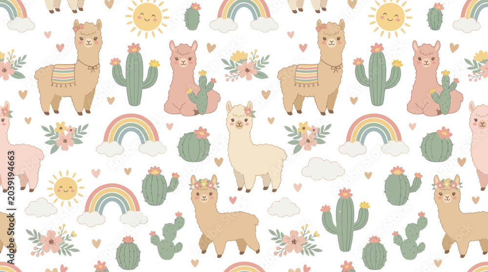 Fototapeta premium Cute Cartoon Llama and Cactus Vector Seamless Pattern for Baby, Children's Textiles, and Nursery Decor