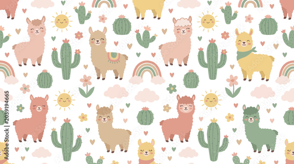 Naklejka premium Cute Llamas and Cactuses Seamless Pattern - Flat Cartoon Vector Illustration for Children's Nursery Textile Design