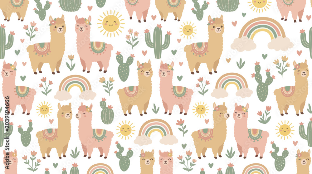 Naklejka premium Whimsical Pastel Llama Rainbow Seamless Pattern - Cute Flat Cartoon Illustration for Children's Design