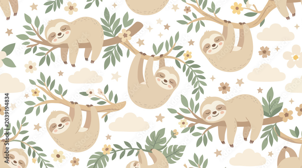Fototapeta premium Cute Cartoon Sloths Hanging on Tree Branches Seamless Pattern. Adorable Flat Vector Illustration for Children's Nursery.