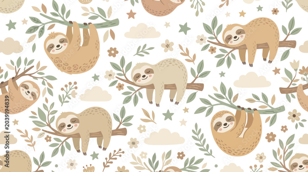 Obraz premium Cute Sloths Hanging on Branches, Vector Illustration, Cute Animal Art Style
