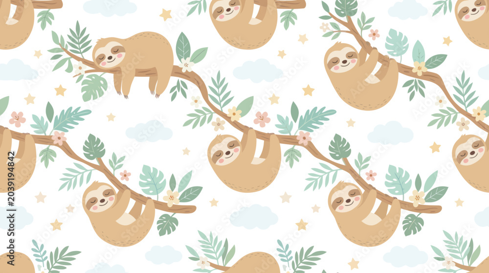 Fototapeta premium Cute Sloth Pattern on Branch, Flat Cartoon Style, Animal Stock Illustration