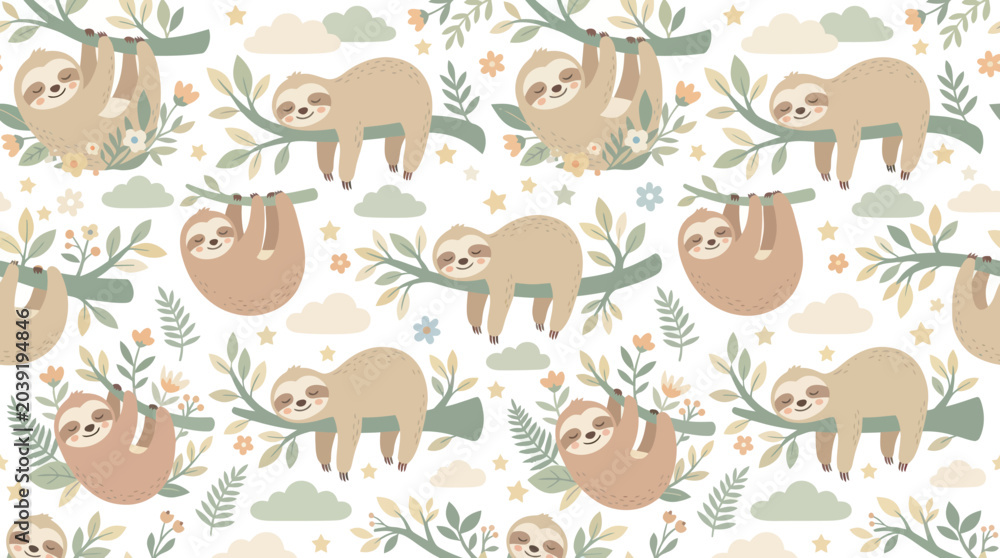Fototapeta premium Children's Cute Cartoon Sloth Animals Seamless Pattern. Flat Illustration for Nursery Decor Baby Fabric.