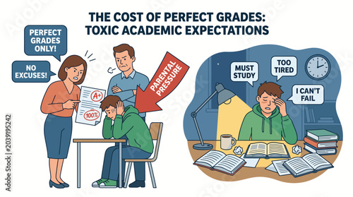 The immense burden of academic expectations leads to student burnout and mental exhaustion, highlighting the toxic culture of striving for flawless grades