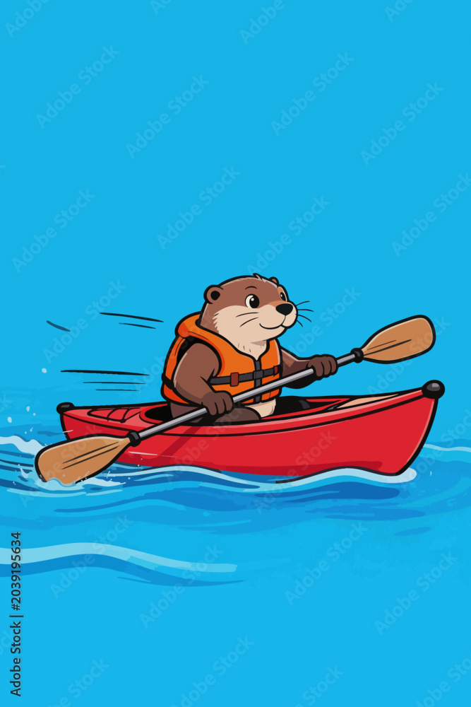 Naklejka premium Cute Otter Enjoying Kayaking Water Sport Outdoors