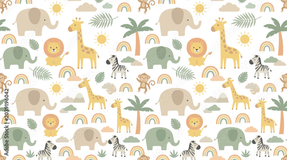 Obraz premium Cute Flat Vector Illustration of Baby Jungle Safari Animals and Rainbows - Seamless Nursery Pattern