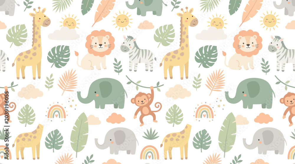 Naklejka premium Cute Pastel Flat Cartoon Safari Animals Seamless Pattern for Kids. Giraffe, Elephant, Lion, Zebra, Monkey, Jungle Leaves.