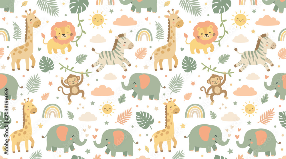 Fototapeta premium Cute Cartoon Safari Jungle Animals Seamless Pattern for Children's Nursery Textile Design - Flat Vector Illustration