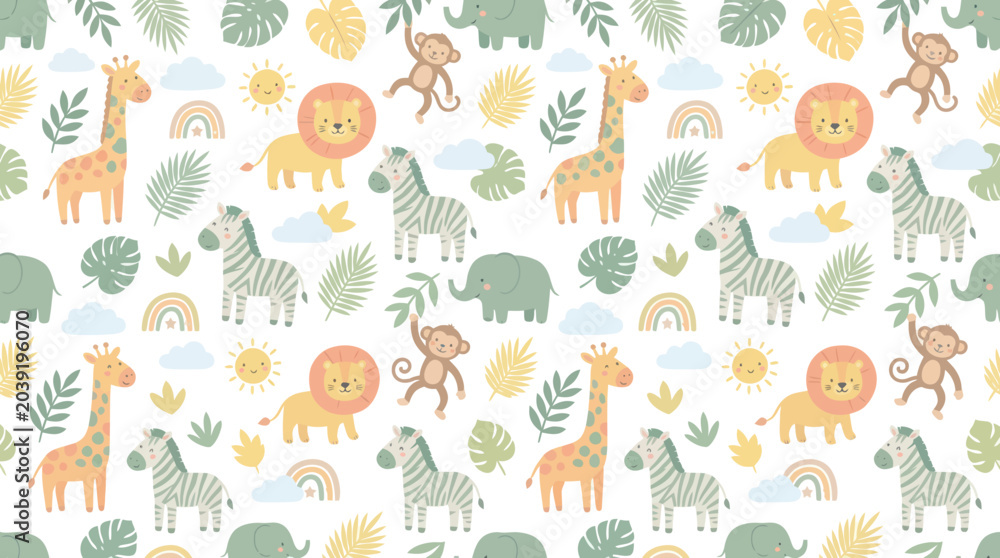 Obraz premium Cute Cartoon Safari Baby Animals Seamless Pattern for Kids Nursery. Flat Jungle Giraffe, Lion, Zebra, Elephant, Monkey Background