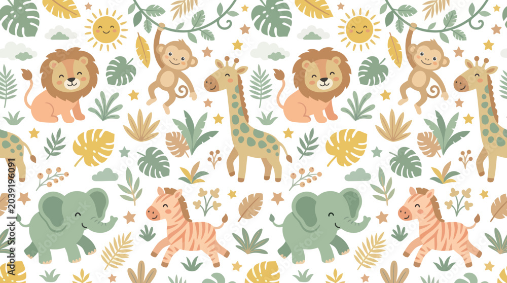 Fototapeta premium Cute Safari Animals and Tropical Leaves Cartoon Pattern