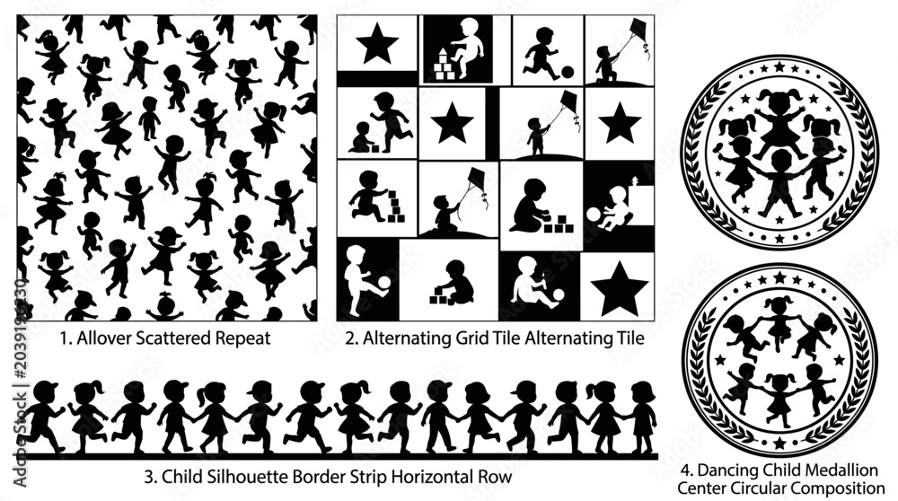 Fototapeta premium Set of decorative child silhouette pattern designs and circular medallions.