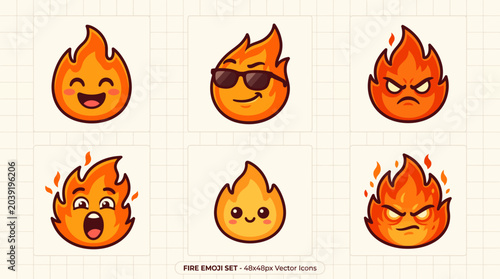Set of cute cartoon fire character stickers with various facial expressions.