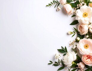 Delicate pastel flowers arranged in a corner border on a light gray background
