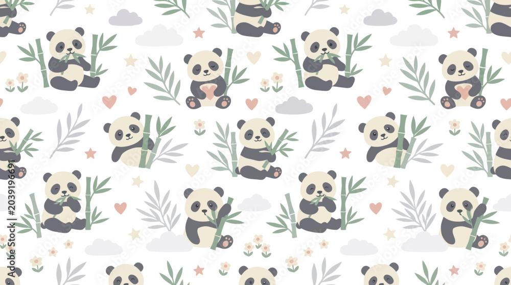 Fototapeta premium Cute Cartoon Baby Panda and Bamboo Seamless Pattern Illustration for Children's Nursery Textile Design