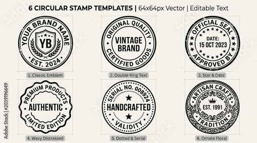 Set of six vintage circular stamp and seal templates.