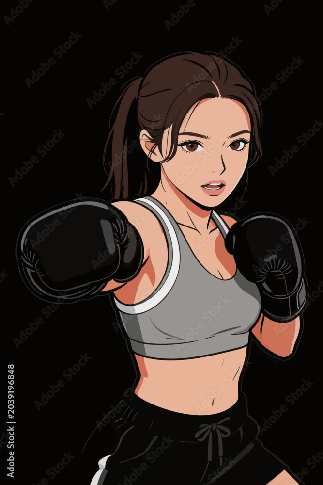 Naklejka premium Female Boxer Performing Straight Punch in Training Gear