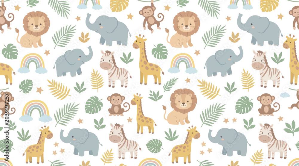 Fototapeta premium Cute Baby Safari Animals Seamless Pattern. Cartoon Jungle Elephant, Lion, Giraffe, Zebra, Monkey Vector for Nursery.