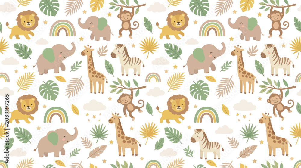 Fototapeta premium Cute Boho Safari Animals Seamless Pattern. Flat Vector Nursery Design with Elephant, Giraffe, Lion, Zebra, Monkey, Rainbow.