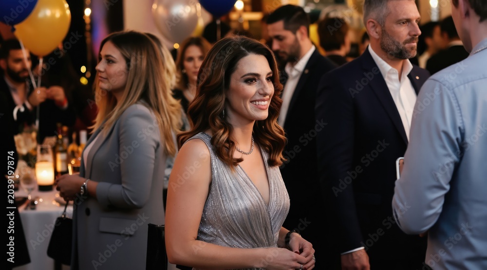 Obraz premium People in formal attire mingle at a celebratory event with balloons and soft lighting. Business professionals network and socialize during a corporate gathering, smiling and engaging.