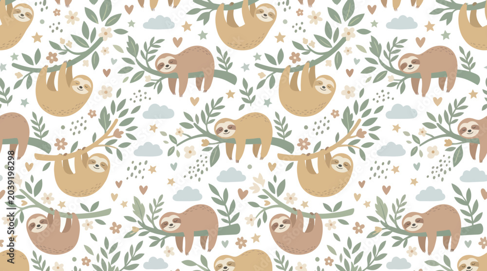 Fototapeta premium Cute Sloth Pattern for Kids, Animal Vector Art