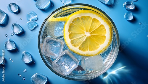 top view of a glass with lemon slice and ice cubes in sparkling water