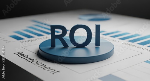 The Acronym ROI Centered On A Blue Circular Platform Above Financial Documents