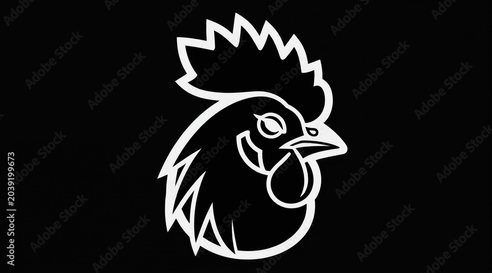 Fototapeta premium Minimalist rooster head emblem in white outline on black background. Simple design suitable for farm brands, culinary logos, or animal art projects. Bold graphic representation of a chicken.
