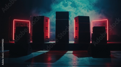 Dark stage setup with large speakers stacked high. Red neon lights outline audio equipment. Smoke drifts through air creating moody, atmospheric concert vibe. Sound power is ready for performance.