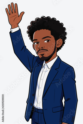 Cartoon Black Businessman Waving in Formal Suit