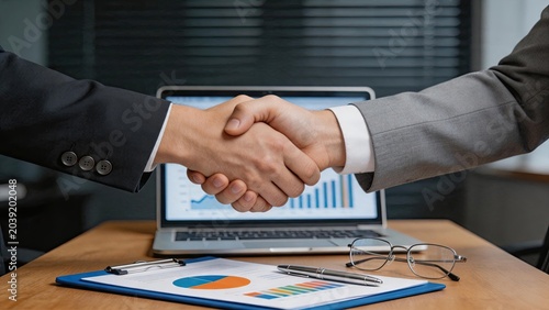 Close up of business people shaking hands over desk with laptop and documents, symbolizing successful deal, partnership agreement and professional collaboration.
